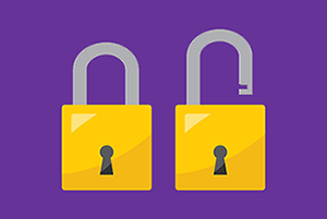 Graphic of one closed padlock and one open padlock on purple background