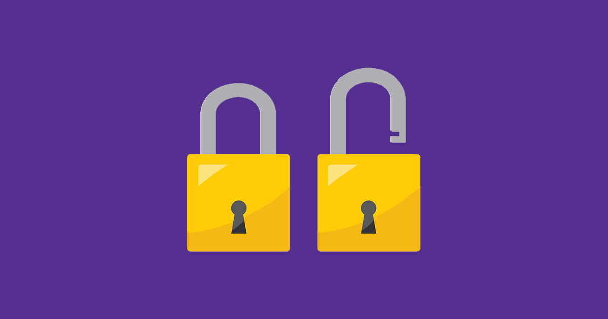 Two locks on a purple background, one locked, the other unlocked